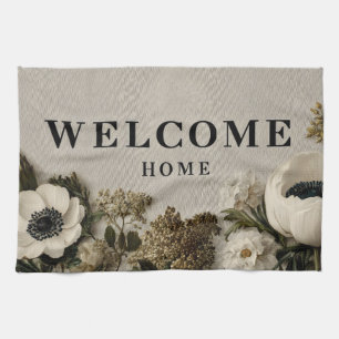 Elegant "Welcome Home" Greeting with Botanical Art Tea Towel