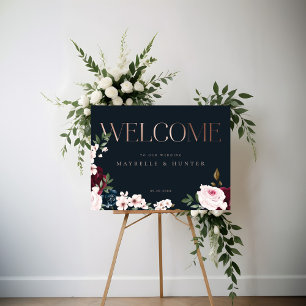 Elegant Welcome Rose Gold Burgundy & Navy Florals Poster