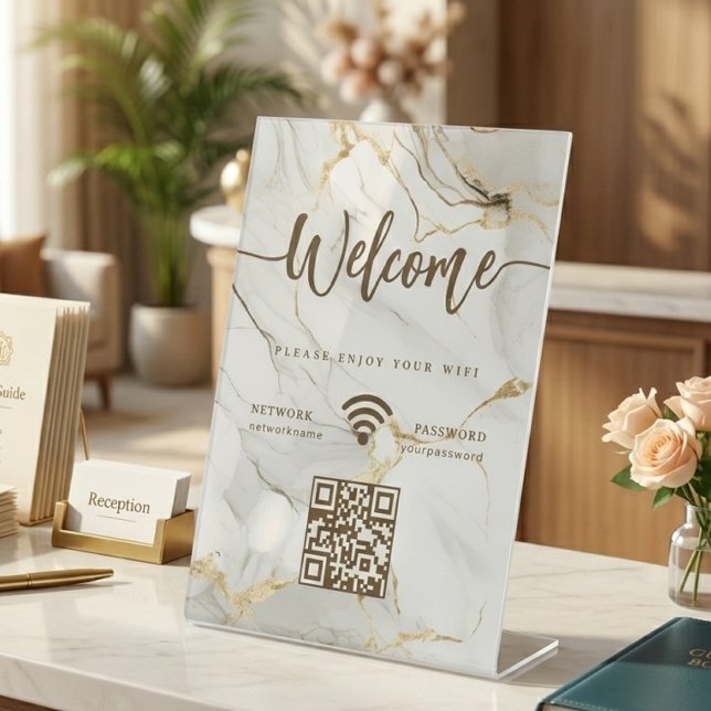 Elegant Welcome Script WIFI QR Code Agate Marble Pedestal Sign (Elegant Welcome Script WIFI QR Code Agate Marble Pedestal Sign )