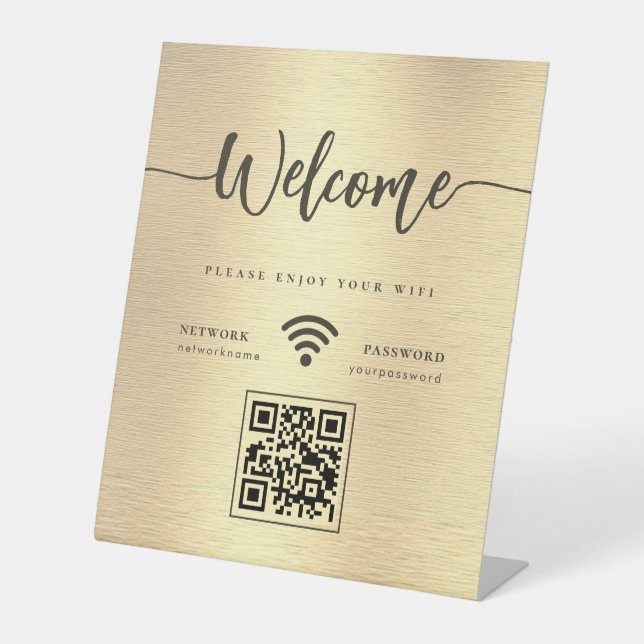 Elegant Welcome Script WIFI QR Code Metallic Gold Pedestal Sign (Front)