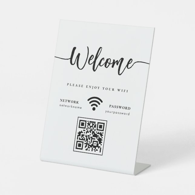 Elegant Welcome Script WIFI QR Code Pedestal Sign (Front)