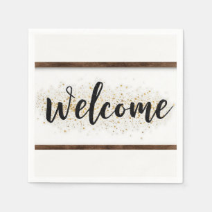 Elegant Welcome Sign in Black Script with Glitter Napkin