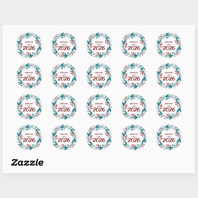 Elegant Welcome to 2026 – Festive Laurel Wreath  Classic Round Sticker (Sheet)