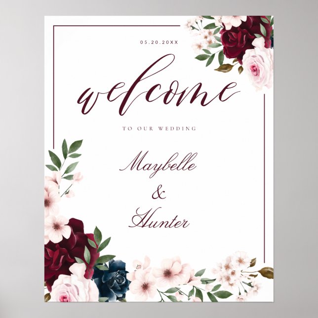 Elegant Welcome Watercolor Burgundy & Navy Floral Poster (Front)