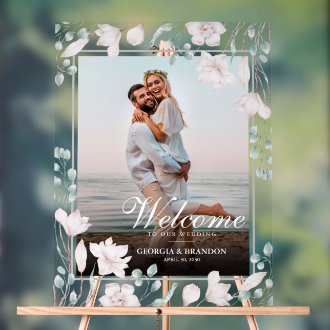 Elegant Welcome Wedding Photo Magnolia Floral Acrylic Sign (Neutral)