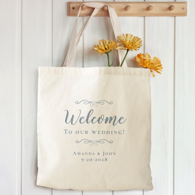 Elegant Welcome Weddings Guest Favours Dusty Blue Tote Bag (Creator Uploaded)