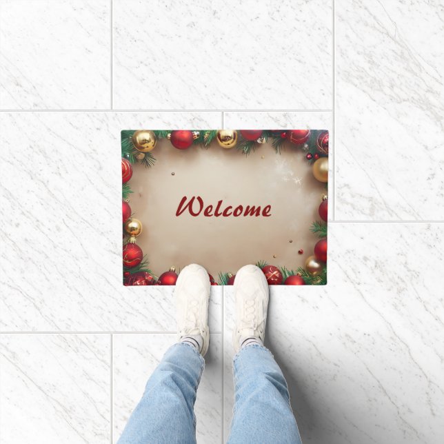 Elegant Welcome with Red Gold Christmas Ornament Doormat (Indoor)