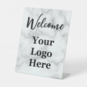 Elegant Welcome Your Logo Here Faux Marble Branded Pedestal Sign