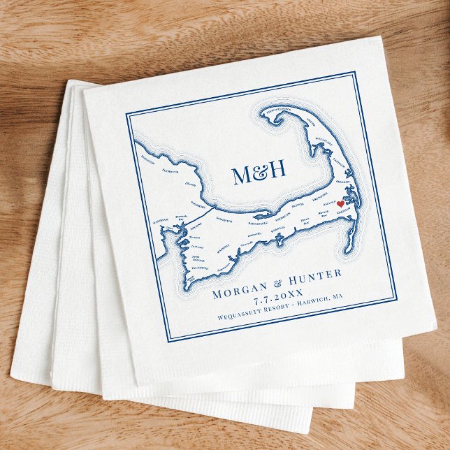 Elegant Wequassett Resort Wedding Napkin (Wequassett Resort Wedding Napkins with Elegant Navy Blue Cape Cod Map from Coastal Map Designs)
