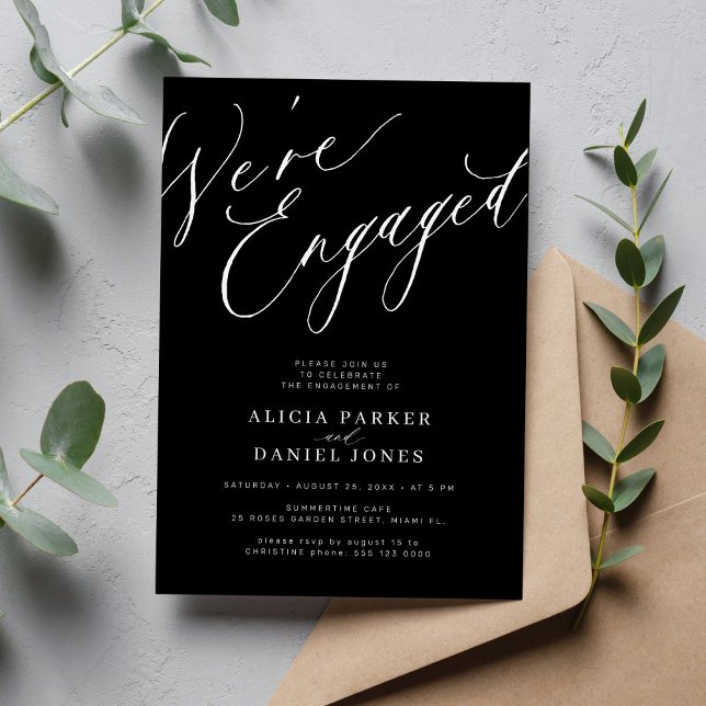 Elegant We're Engaged black engagement party Invitation (Creator Uploaded)