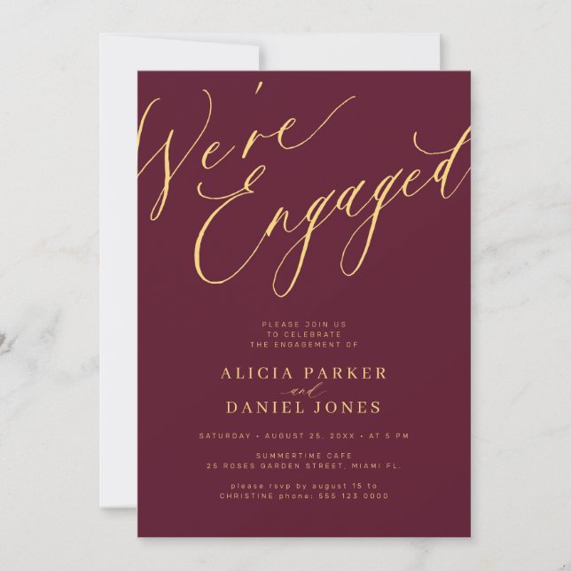 Elegant We're Engaged burgundy engagement party Invitation (Front)