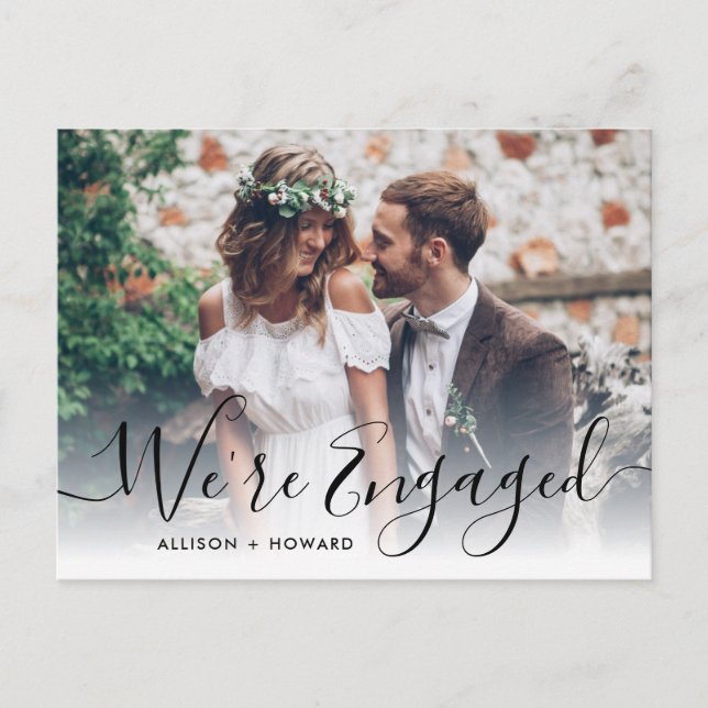 Elegant We're Engaged Photo Chic Script Engagement Announcement Postcard (Front)