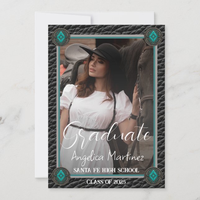 Elegant Western Black Leather Photo Graduation Invitation (Front)