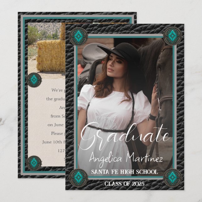 Elegant Western Black Leather Photo Graduation Invitation (Front/Back)