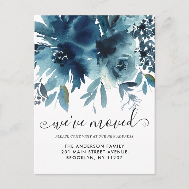 Elegant We've Moved Floral Navy Blue Rose Moving Announcement Postcard (Front)