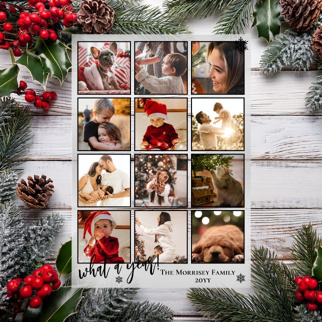 Elegant What A Year 12 Photo Snowflakes Acrylic Invitations ("What A Year!" Snowflakes Black Framed 12 Photo Christmas Holiday Acrylic Card)