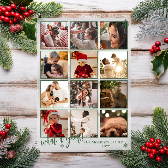 Elegant What A Year 12 Photo Snowflakes Acrylic Invitations ("What A Year!" Snowflakes Green Framed 12 Photo Christmas Holiday Acrylic Card)