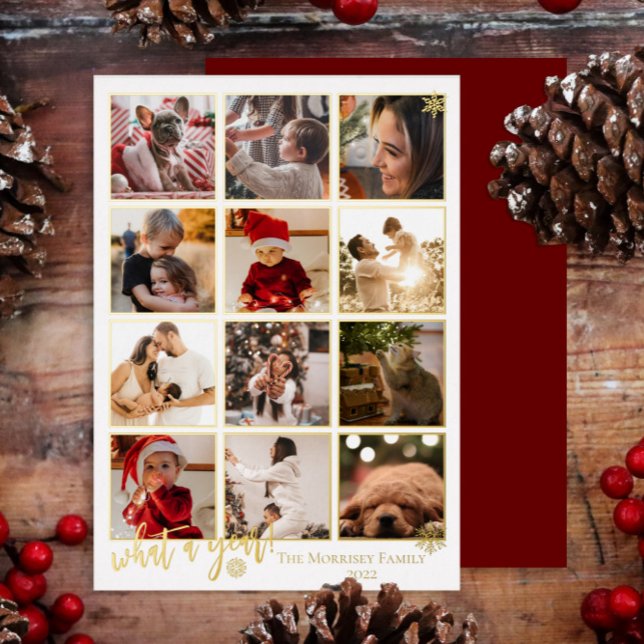 Elegant What A Year 12 Photo Snowflakes Foil Holiday Card (Creator Uploaded)