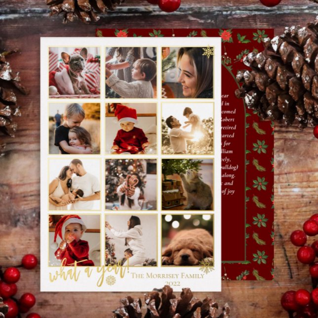 Elegant What A Year 12 Photo Snowflakes Message Foil Holiday Card (Creator Uploaded)