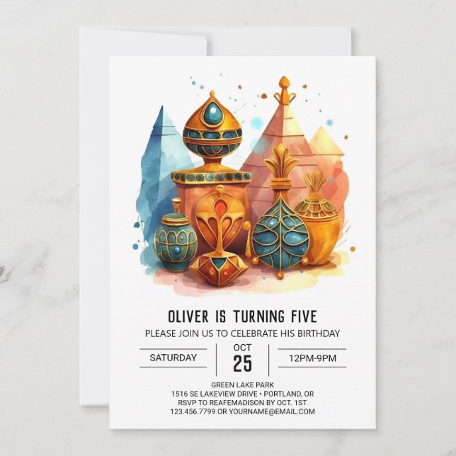 Elegant Whimsical Ancient Egypt Pyramids Birthday Invitation (Front)