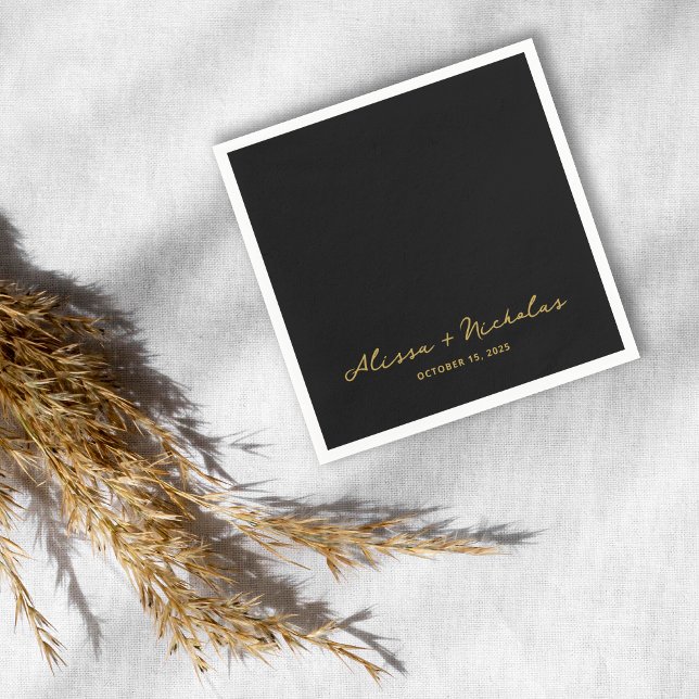Elegant Whimsical Black and Gold Script Wedding Napkin (Creator Uploaded)
