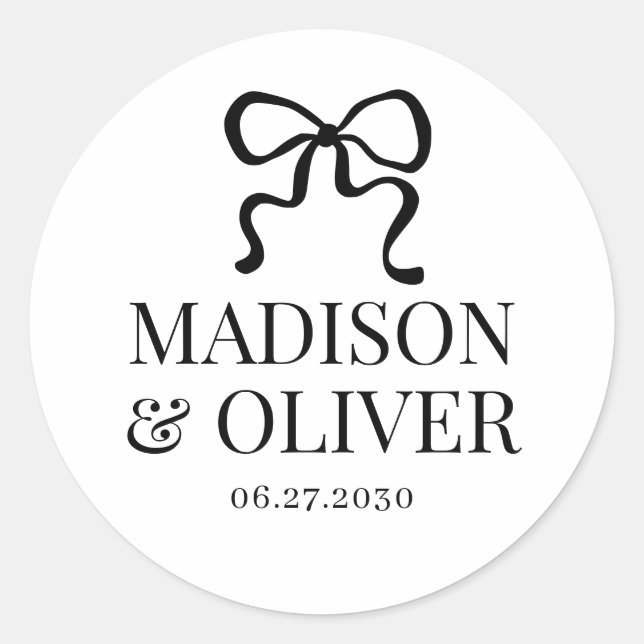 Elegant Whimsical Black Bow Monogram Wedding Classic Round Sticker (Front)