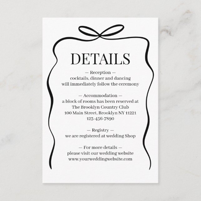 ELegant Whimsical Black Bow Tie Wedding Enclosure Card (Front)