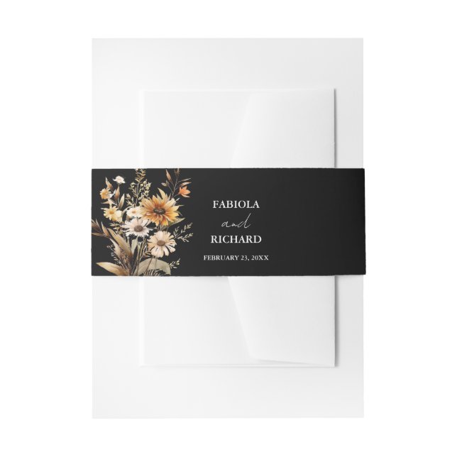Elegant Whimsical Black Wildflower wedding Invitation Belly Band (Front Example)