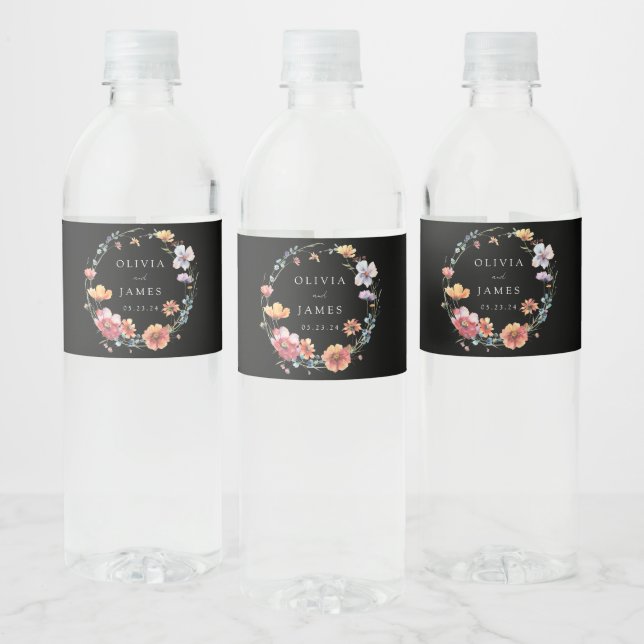 Elegant Whimsical Black Wildflower Wedding Water Bottle Label (Bottles)
