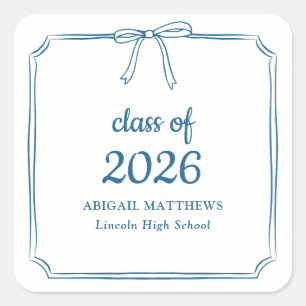 Elegant Whimsical Bow Blue Custom Graduation Favou Square Sticker