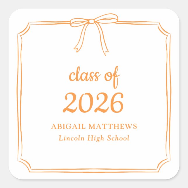 Elegant Whimsical Bow Orange Custom Graduation Square Sticker (Front)