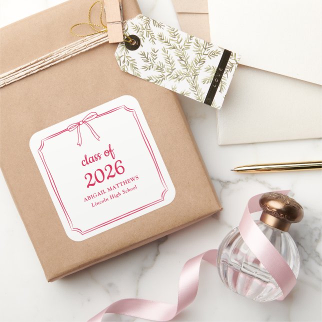 Elegant Whimsical Bow Red Custom Graduation Favour Square Sticker (Gifting)