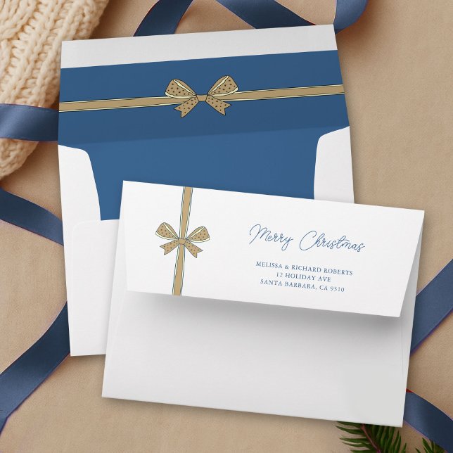 Elegant Whimsical Bows Blue Beige Merry Christmas Envelope (Elegant ribbon and bow blue and beige Christmas envelopes)