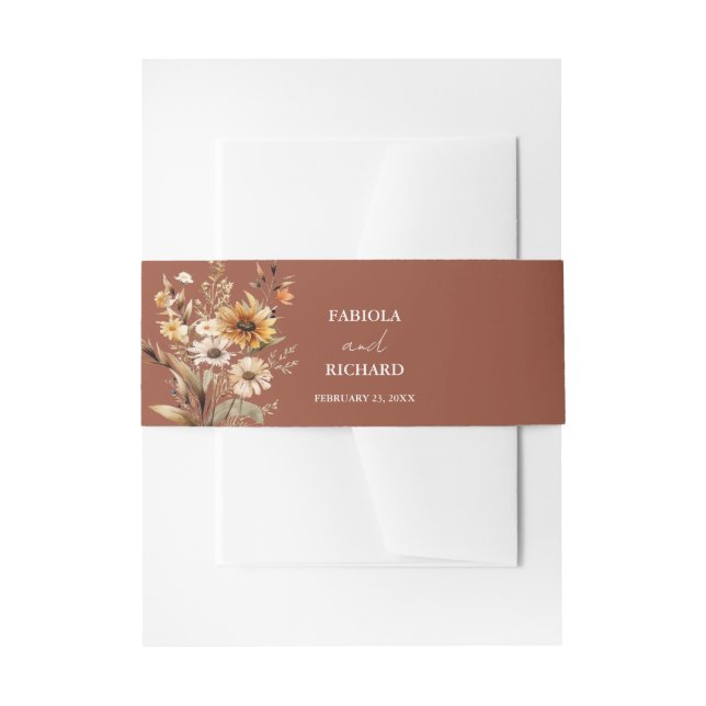 Elegant Whimsical Burnt orange Wildflower wedding Invitation Belly Band (Front Example)