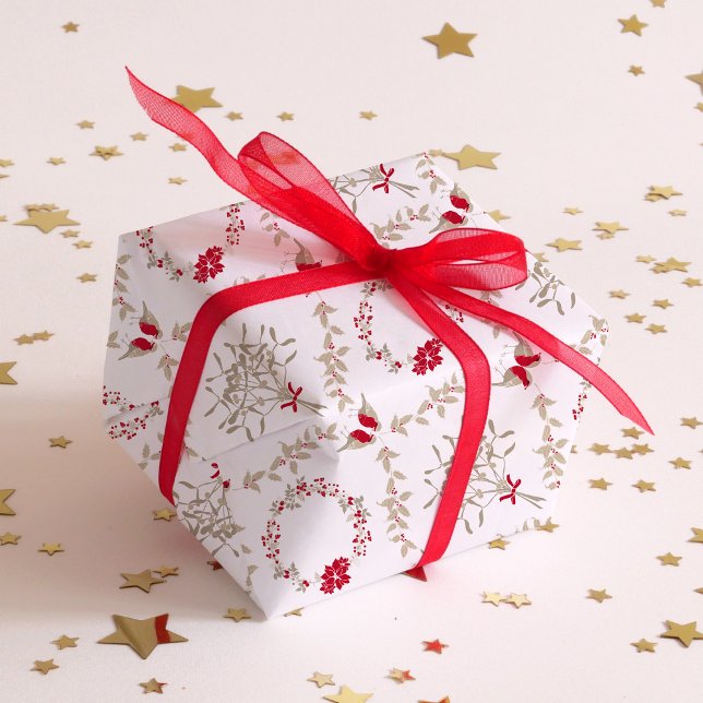 Elegant Whimsical Christmas  Damask Wrapping Paper (Holly, Mistletoe, Poinsettia, Rose hip, and Red Robins arranged in a festive damask layout. )