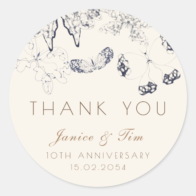Elegant Whimsical Classic Butterflies Anniversary  Round Sticker (Front)
