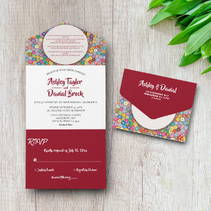 Elegant Whimsical Classy Burgundy Floral Wedding All In One Invitation