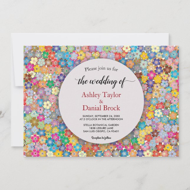Elegant Whimsical Colourful Summer Floral Wedding Invitation (Front)