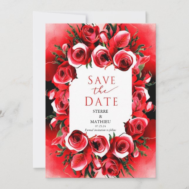 Elegant Whimsical Crimson Red Roses Wedding Save The Date (Front)