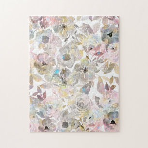 Elegant whimsical grey watercolor roses jigsaw puzzle