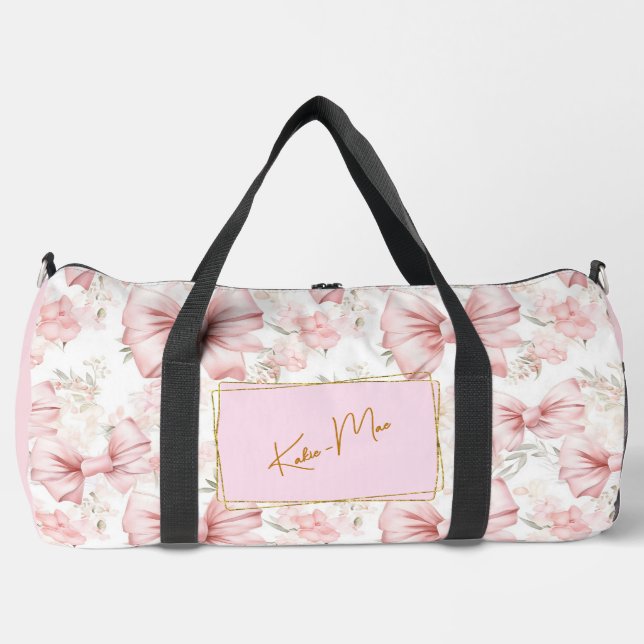 Elegant Whimsical Personalised Coquette Bow Large Duffle Bag (Front)