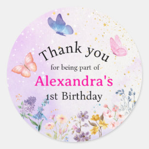 Elegant whimsical pink & purple butterfly floral classic round sticker
