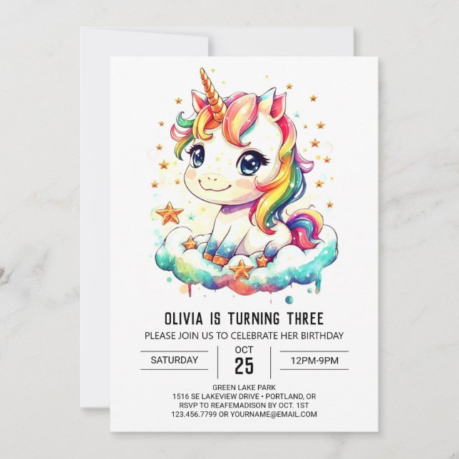 Elegant Whimsical Unicorn Birthday Invitation (Front)