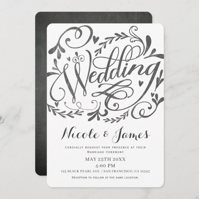 Elegant Whimsical Vintage Lettering Chalk Wedding Invitation (Front/Back)