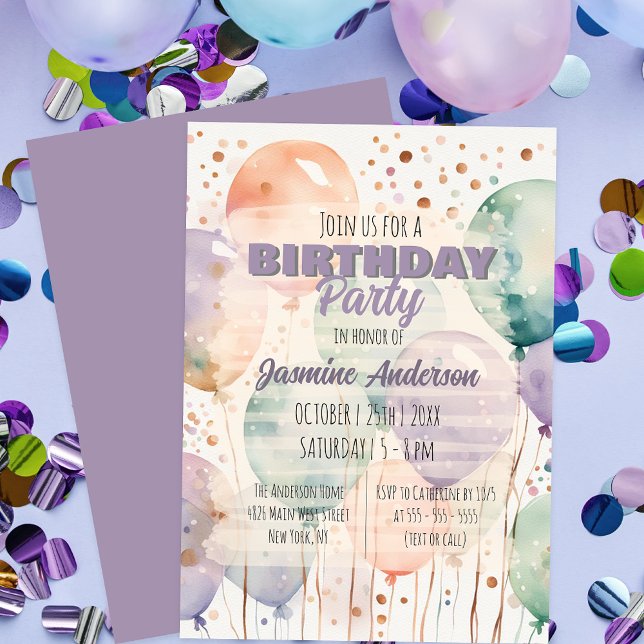 Elegant Whimsy Pastel Watercolor Balloon Birthday Invitation (Creator Uploaded)