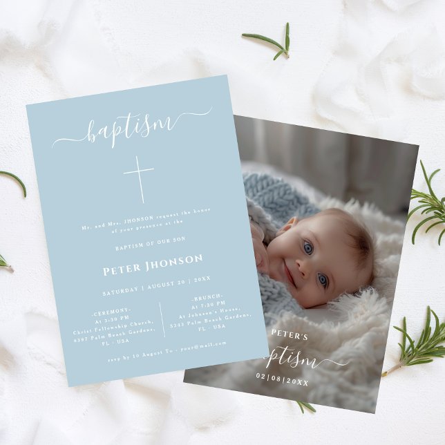 Elegant Whimsy Script Dusty Blue Baptism Photo Invitation (Creator Uploaded)