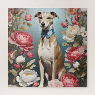 Elegant Whippet Pink Peony Flowers Blue Background Jigsaw Puzzle