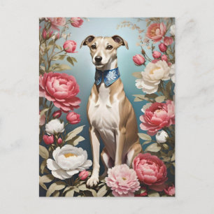 Elegant Whippet Pink Peony Flowers Blue Background Postcard