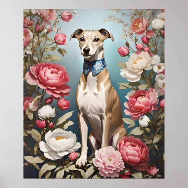 Elegant Whippet Pink Peony Flowers Blue Background Poster (Front)