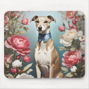 Elegant Whippet Portrait Pink Peony Flowers Mouse Mat